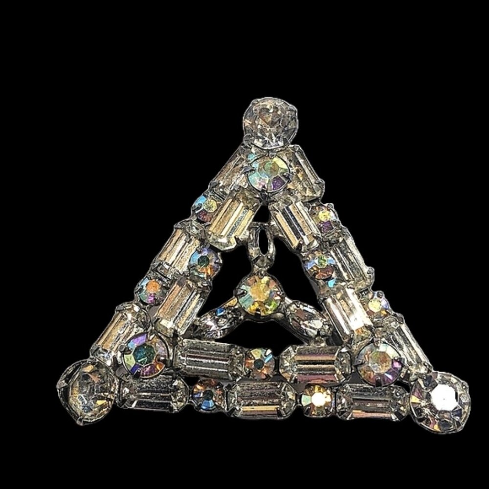 Vintage Triangle Rhinestone‎ Brooch Clear Aurora Borealis Art Deco Style